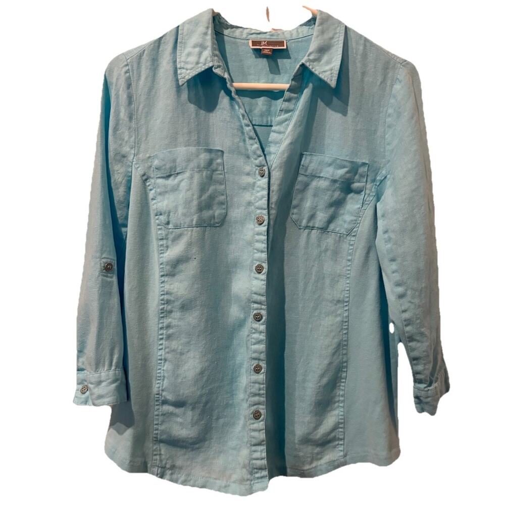 JM Collection Linen Button-up Blouse Roll-up Sleeves Teal Size 10P With Pockets